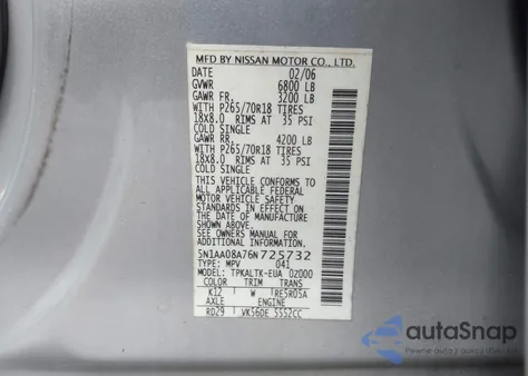 2006 Nissan Armada Se from USA, damaged, VIN 5N1AA08A76N725732